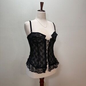 Vintage Frederick's of Hollywood Sheer Black Lace Burlesque Bustier Corset Set
